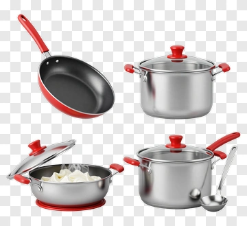 Cookware Set Featuring Red Handles And Lids PNG
