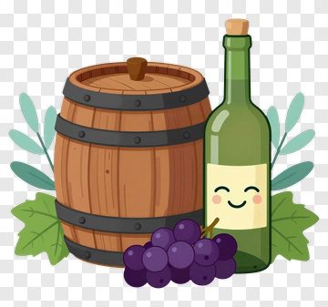 Cartoon Wine Bottle And Barrel With Grapes PNG