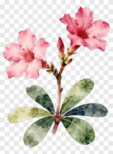 Watercolor Pink Flower With Green Leaves PNG