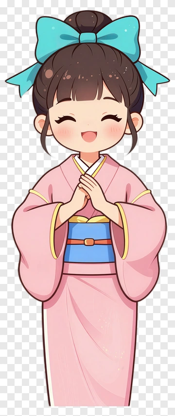 Cartoon Girl In Pink Kimono With Blue Bow PNG