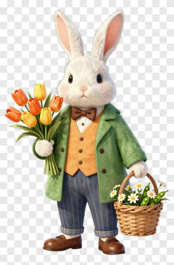 Cartoon Rabbit Holding Flowers And A Basket PNG
