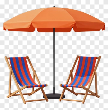 Beach Umbrella With Deck Chairs PNG