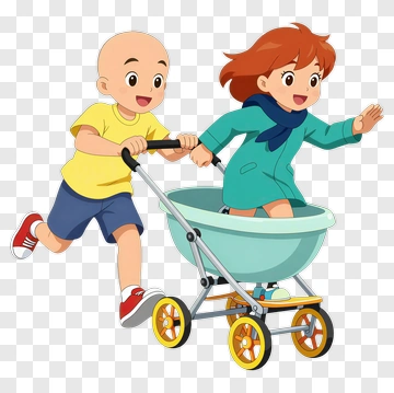 Cartoon Children Pushing A Stroller PNG
