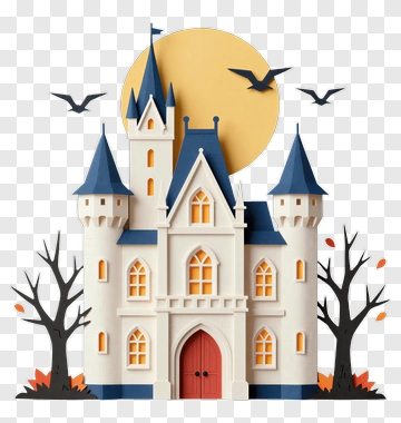 Haunted Castle With Trees And Bats PNG