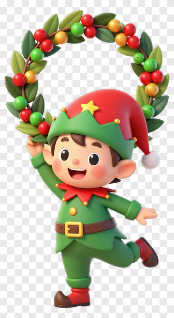 Cartoon Elf Holding A Christmas Wreath PNG
