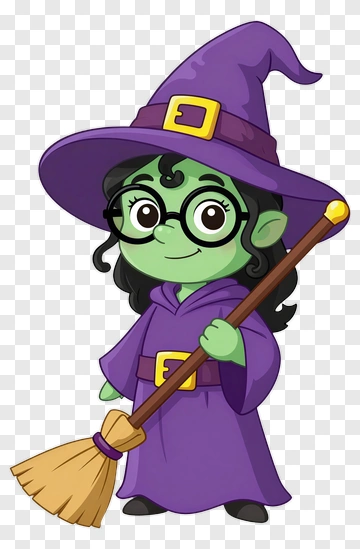 Cartoon Witch Holding A Broom PNG