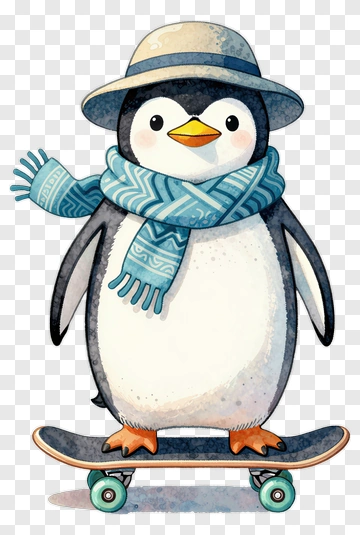 Cartoon Penguin On Skateboard PNG