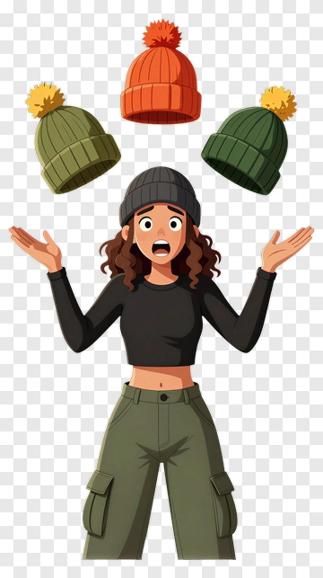 Woman Choosing Between Colorful Beanies PNG