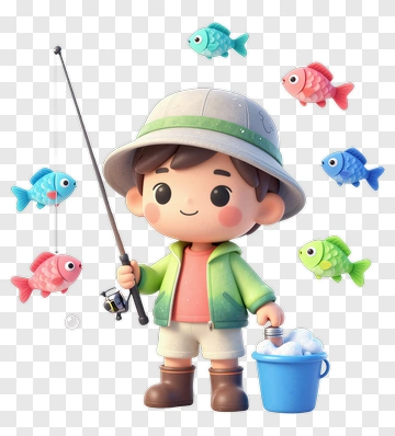 Cartoon Boy Fishing With Colorful Fish PNG
