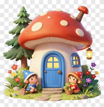 Cartoon Children By A Mushroom House PNG