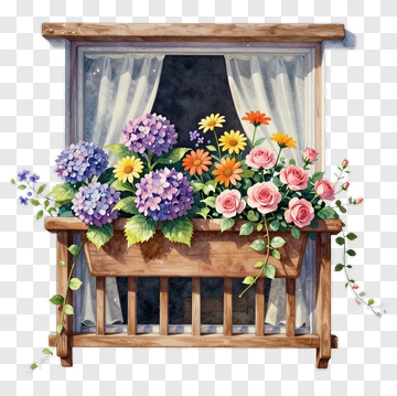 Flower Box With Colorful Blooms On A Window PNG