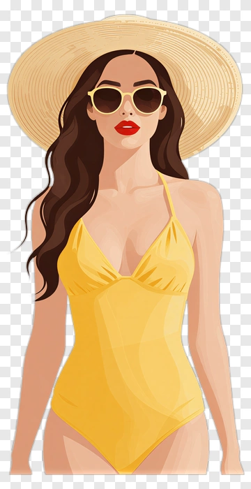 Woman In Yellow Swimsuit With Straw Hat PNG