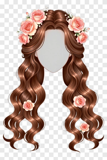 Wavy Brown Hair With Floral Accents PNG