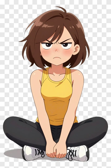 Angry Cartoon Girl Sitting Cross-Legged PNG