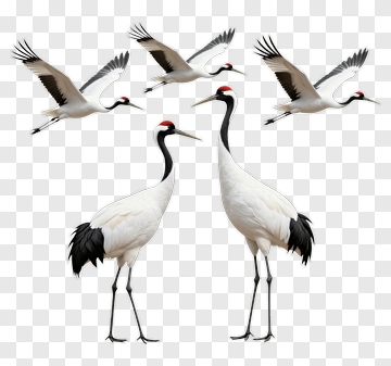 Cranes Flying And Standing Together PNG