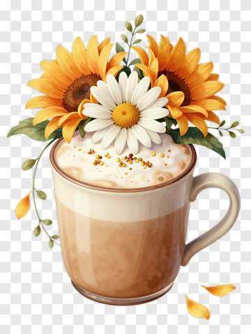 Coffee Cup With Sunflowers And Daisy Arrangement PNG