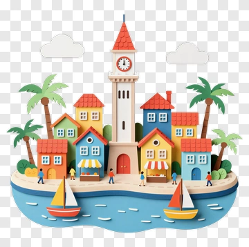 Colorful Coastal Town With Clock Tower And Sailboats PNG