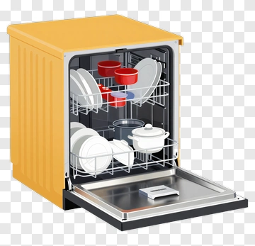 Yellow Dishwasher With Clean Dishes PNG
