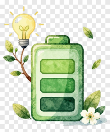 Green Battery With Light Bulb And Leaves PNG