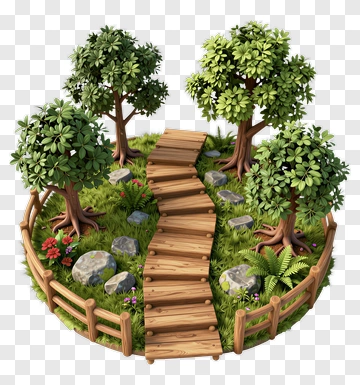 Wooden Pathway Through A Garden With Trees And Rocks PNG