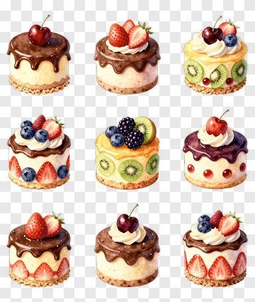 Colorful Cakes With Fruits And Cream PNG
