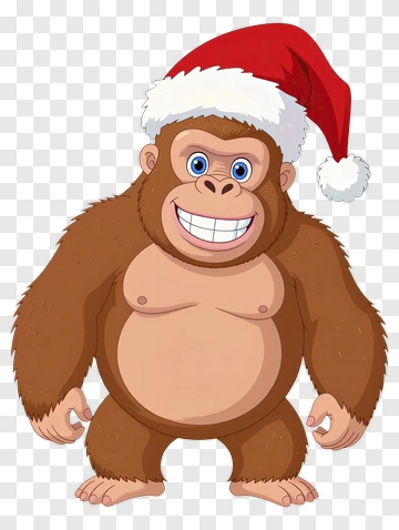 Cartoon Gorilla Wearing A Christmas Hat PNG