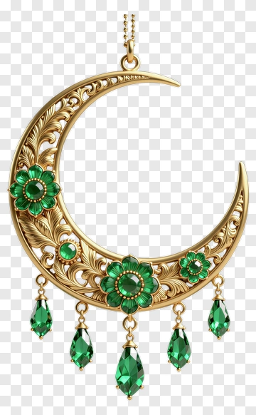 Golden Crescent Moon Pendant With Green Gemstones PNG