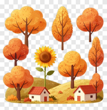 Colorful Autumn Landscape With Trees And Houses PNG