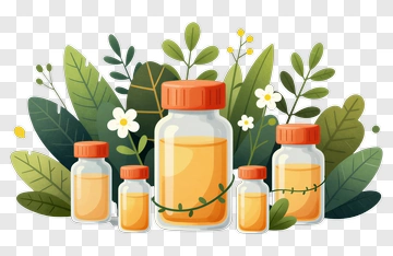 Glass Bottles With Orange Liquid Surrounded By Greenery PNG