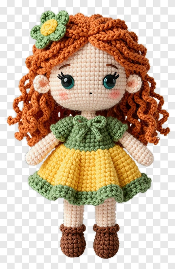 Crochet Doll With Curly Hair And Flower PNG