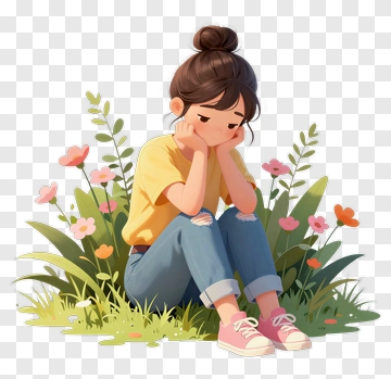 Sad Girl Sitting In A Flower Garden PNG