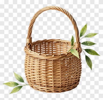 Woven Basket With Green Leaves PNG