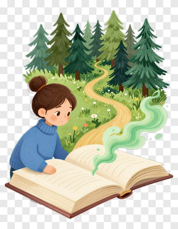 Girl Reading A Magical Book In The Forest PNG