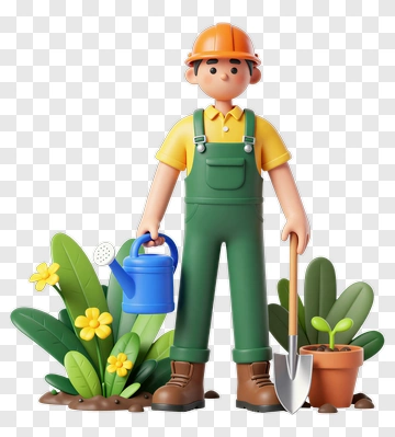 Gardener Holding A Watering Can And Shovel PNG