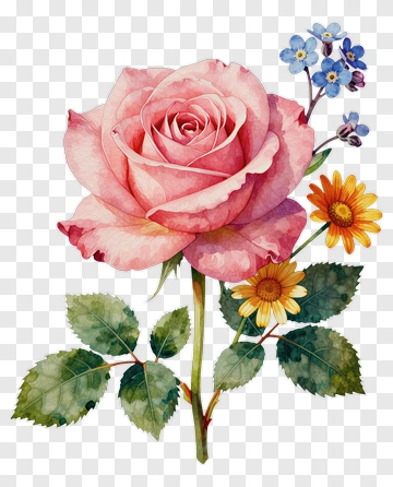 Watercolor Pink Rose With Flowers PNG