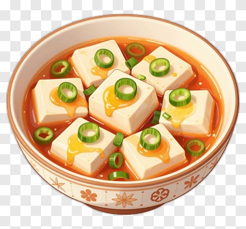 Bowl Of Tofu In Sauce With Green Onions PNG
