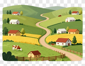 Countryside Farm Landscape With Cows And Houses PNG