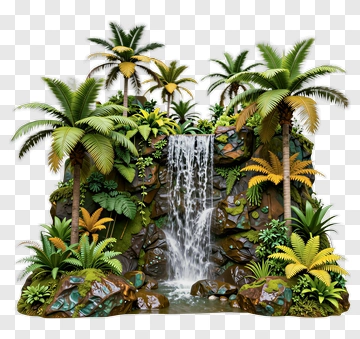 Waterfall Surrounded By Tropical Palm Trees PNG
