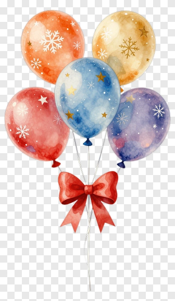 Colorful Balloons With Snowflakes And A Red Bow PNG