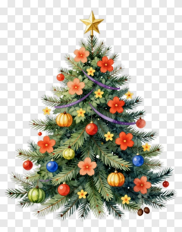 Colorful Christmas Tree With Ornaments And Flowers PNG
