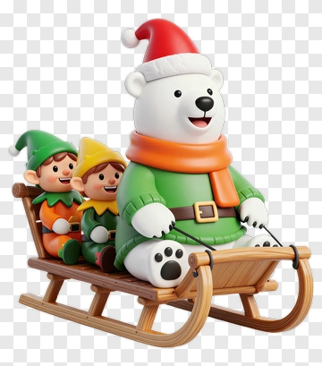 Cartoon Polar Bear With Elves On A Sleigh PNG