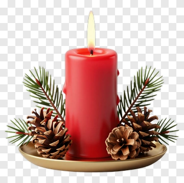 Red Candle Surrounded By Pine Cones And Greenery PNG