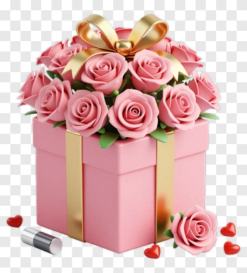 Pink Gift Box With Roses And Hearts PNG