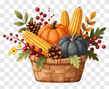 Harvest Basket With Pumpkins And Corn PNG