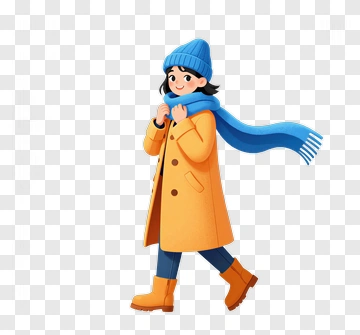 Cartoon Woman Walking In An Orange Coat PNG