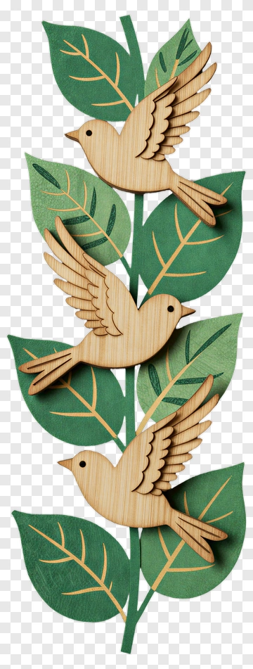 Wooden Birds On Green Leaves PNG