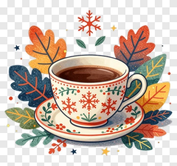 Decorative Coffee Cup With Autumn Leaves PNG