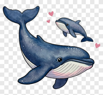 Cartoon Whale And Calf With Hearts PNG