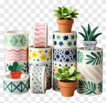 Colorful Washi Tape Rolls With Succulent Plants PNG