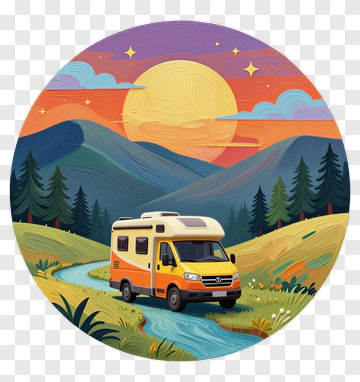 Colorful Camper Van In A Scenic Mountain Landscape PNG